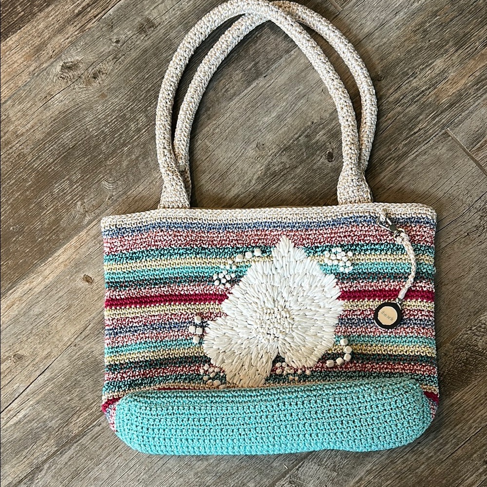 The Sak Handwoven Multicolor Crochet Tote Bag with Turquoise Base